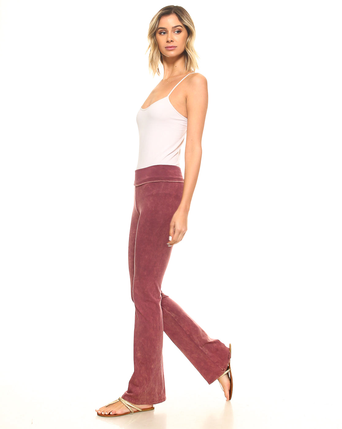 Mineral Wash Yoga Pants - Women's Casual Fold Over Waistband Flared Leg