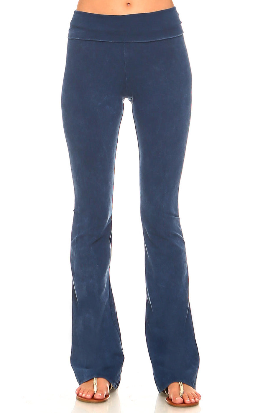 Mineral Wash Yoga Pants - Women's Casual Fold Over Waistband Flared Leg