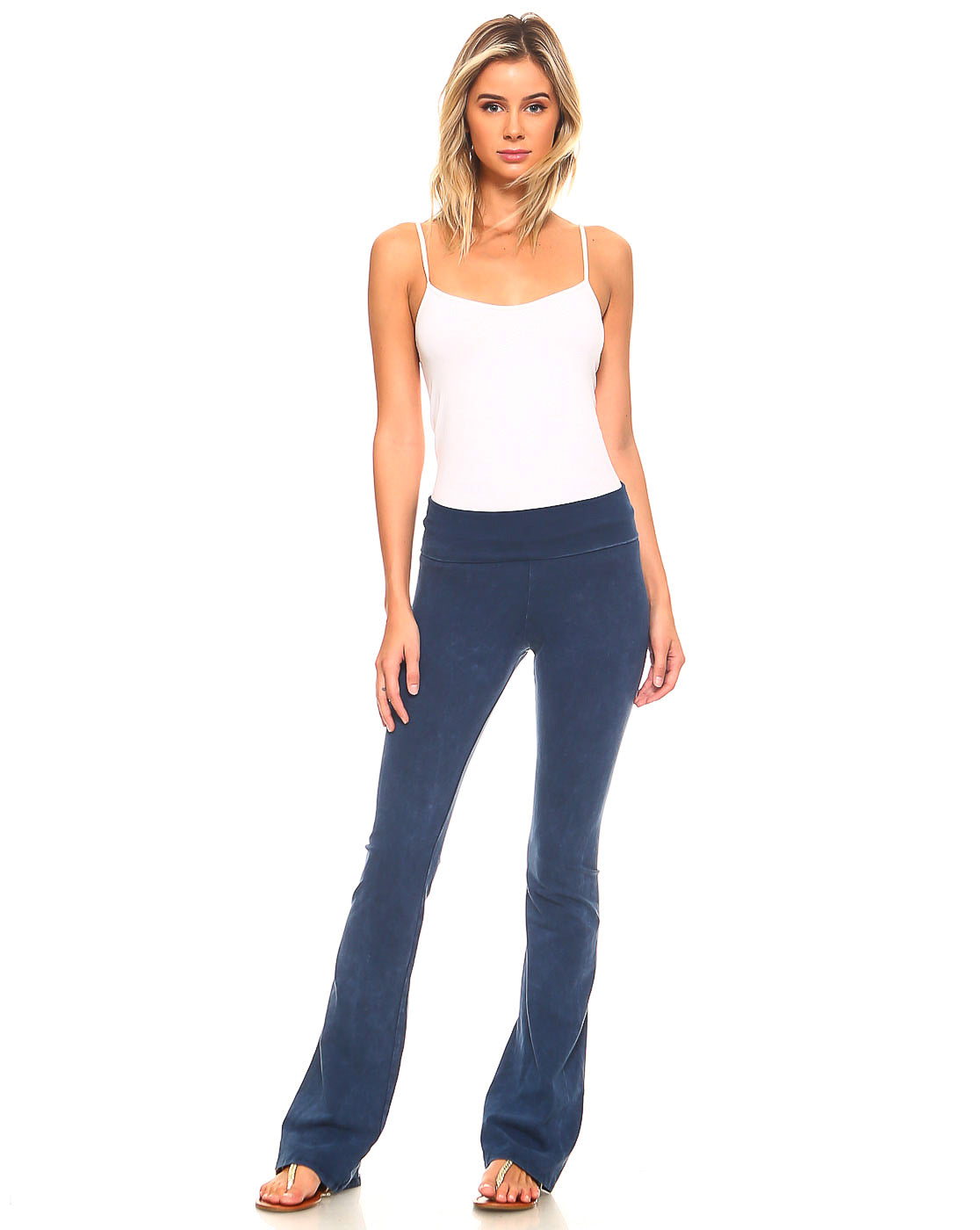 Mineral Wash Yoga Pants - Women's Casual Fold Over Waistband Flared Leg