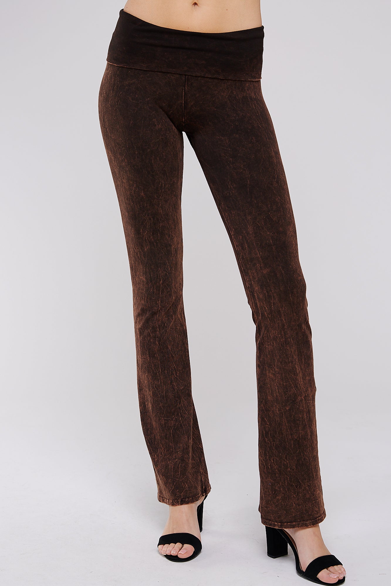 Mineral Wash Yoga Pants - Women's Casual Fold Over Waistband Flared Leg