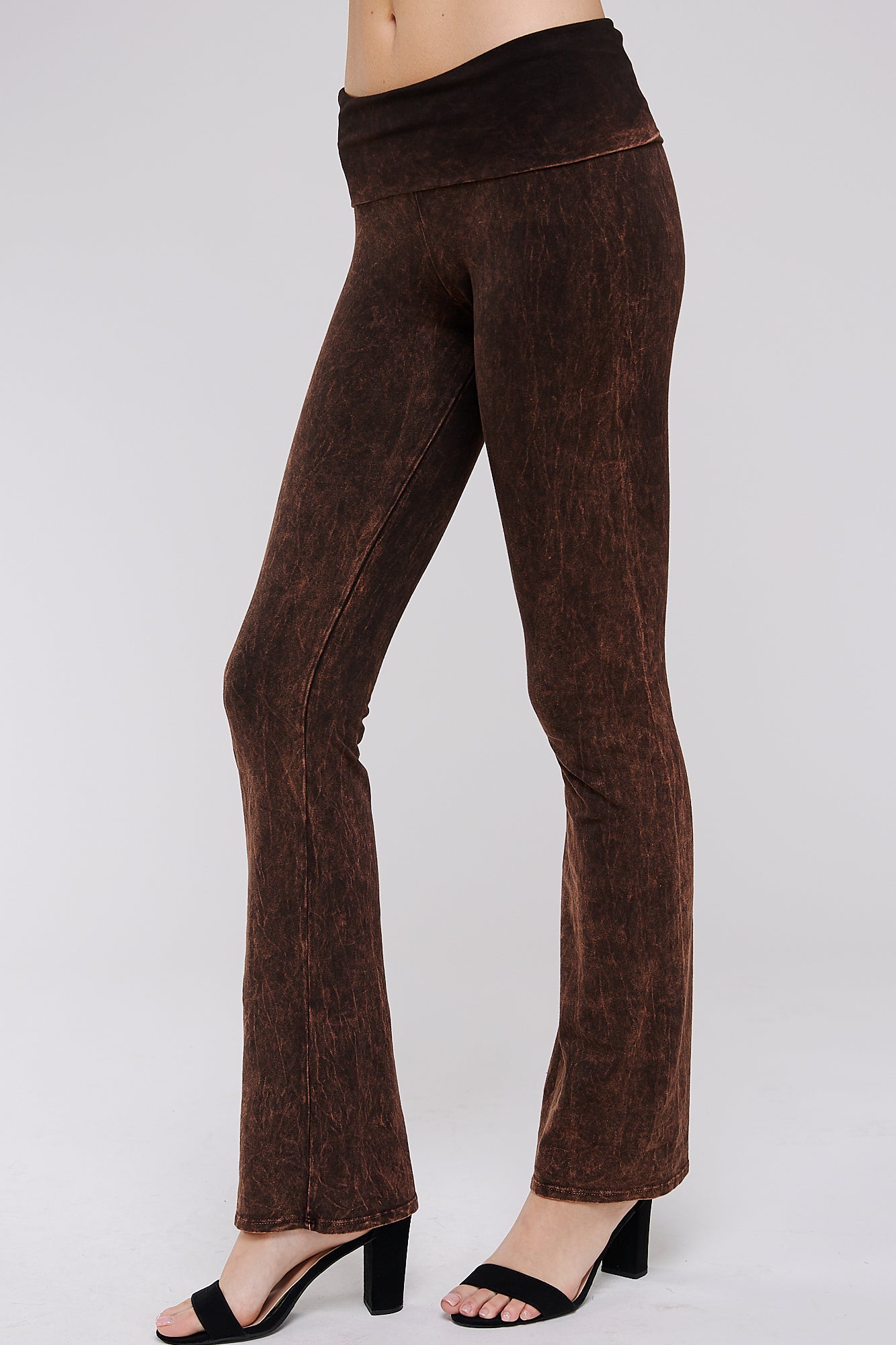 Mineral Wash Yoga Pants - Women's Casual Fold Over Waistband Flared Leg