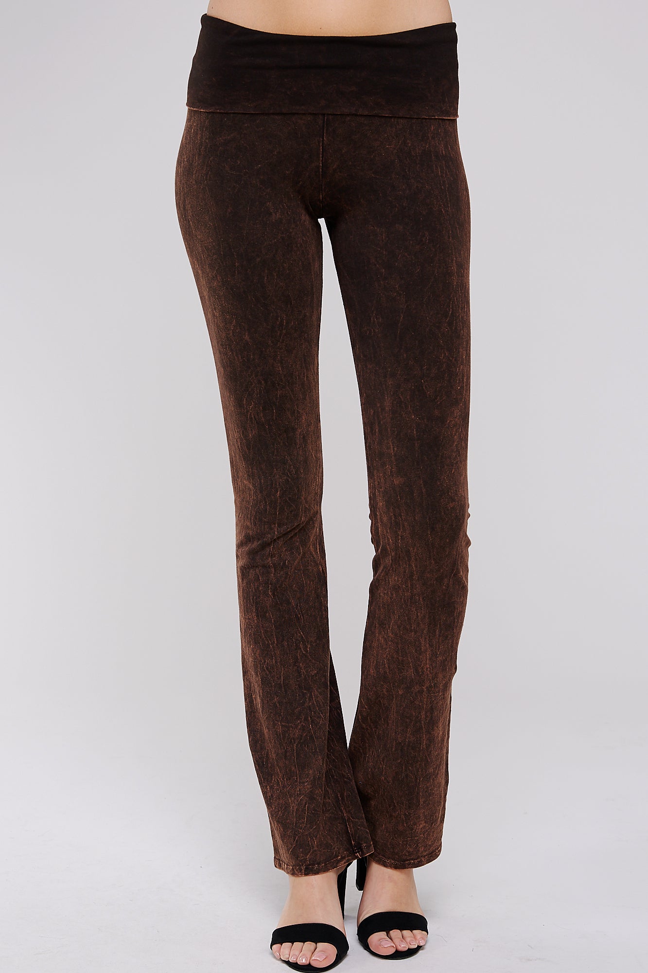 Mineral Wash Yoga Pants - Women's Casual Fold Over Waistband Flared Leg