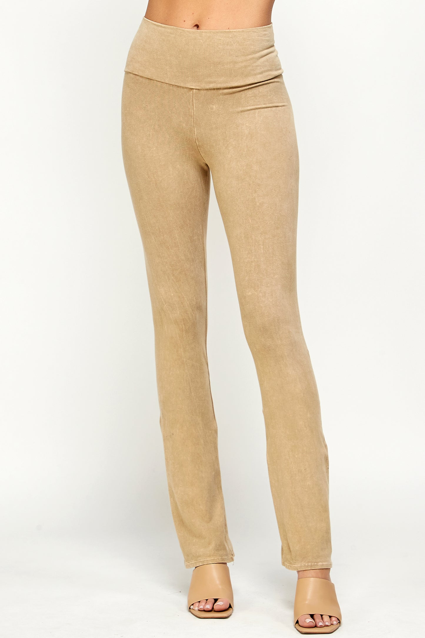 Mineral Wash Yoga Pants - Women's Casual Fold Over Waistband Flared Leg