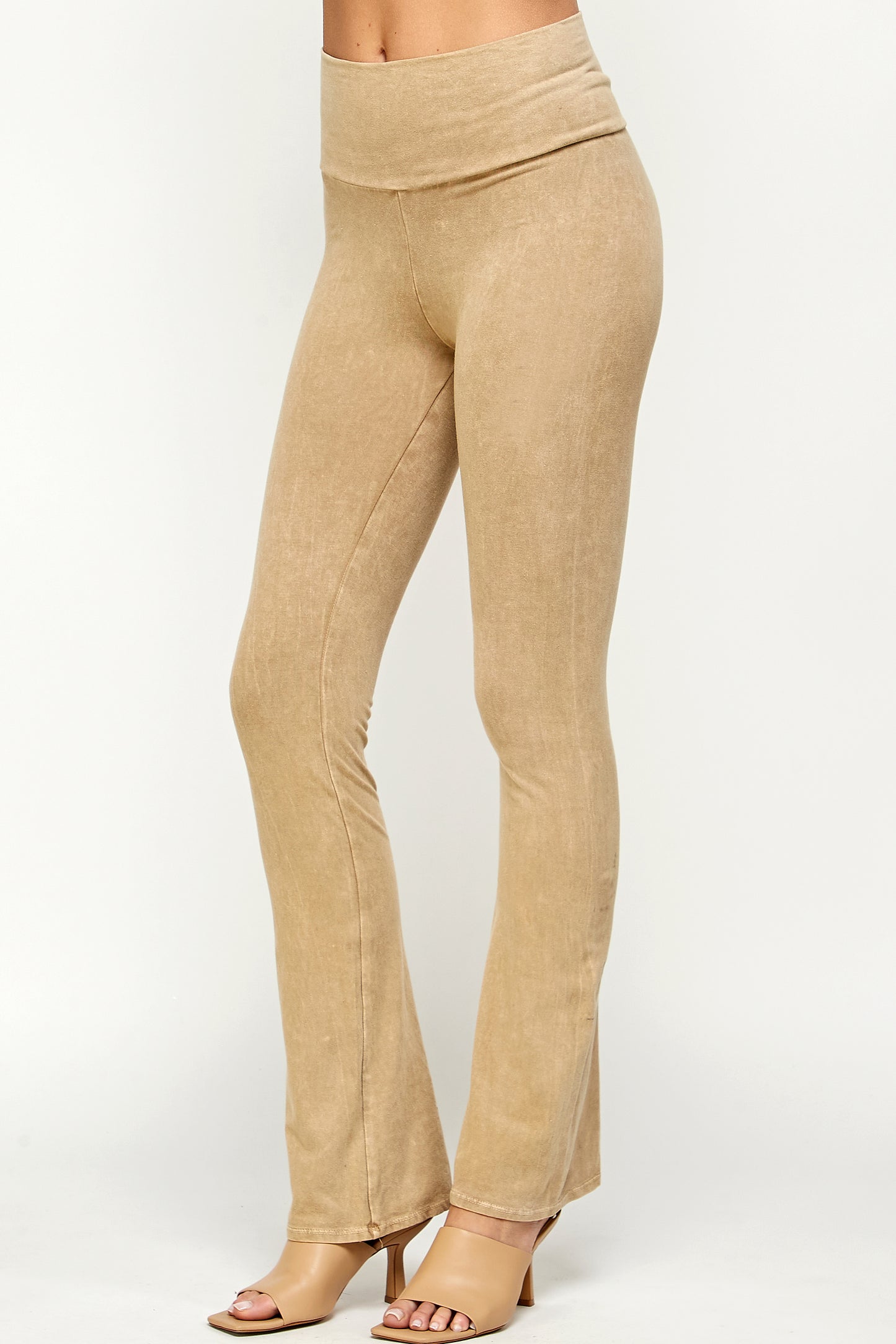 Mineral Wash Yoga Pants - Women's Casual Fold Over Waistband Flared Leg