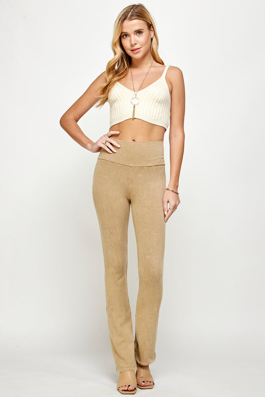 Mineral Wash Yoga Pants - Women's Casual Fold Over Waistband Flared Leg