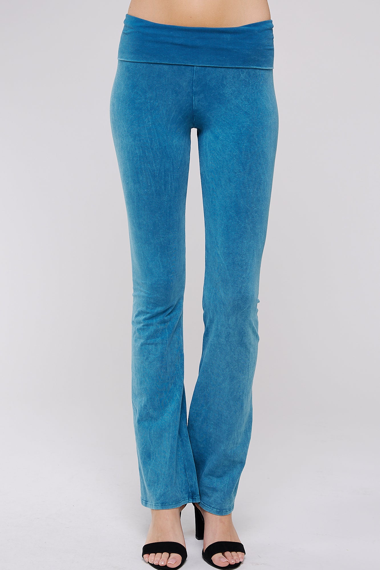 Mineral Wash Yoga Pants - Women's Casual Fold Over Waistband Flared Leg