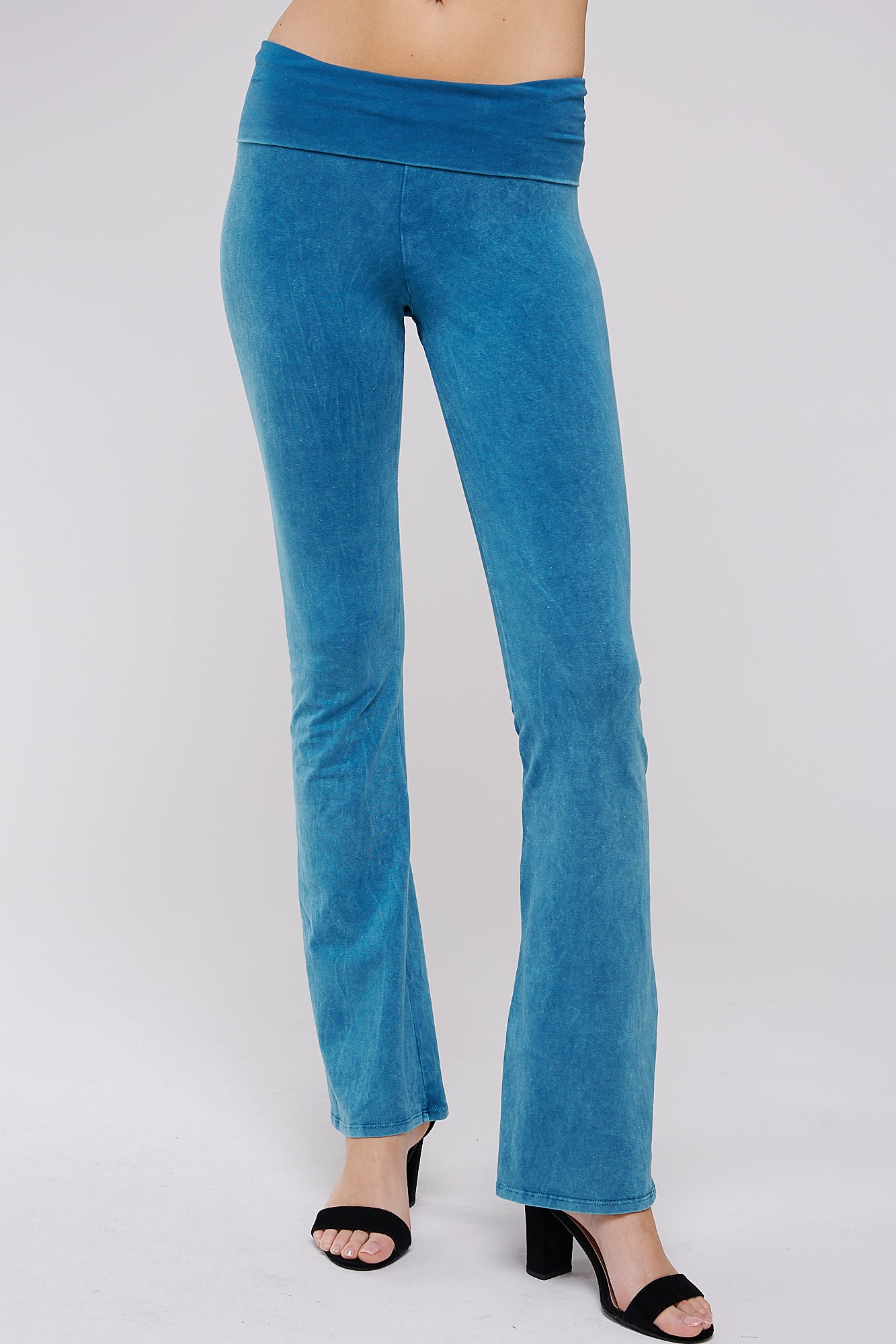 Mineral Wash Yoga Pants - Women's Casual Fold Over Waistband Flared Leg