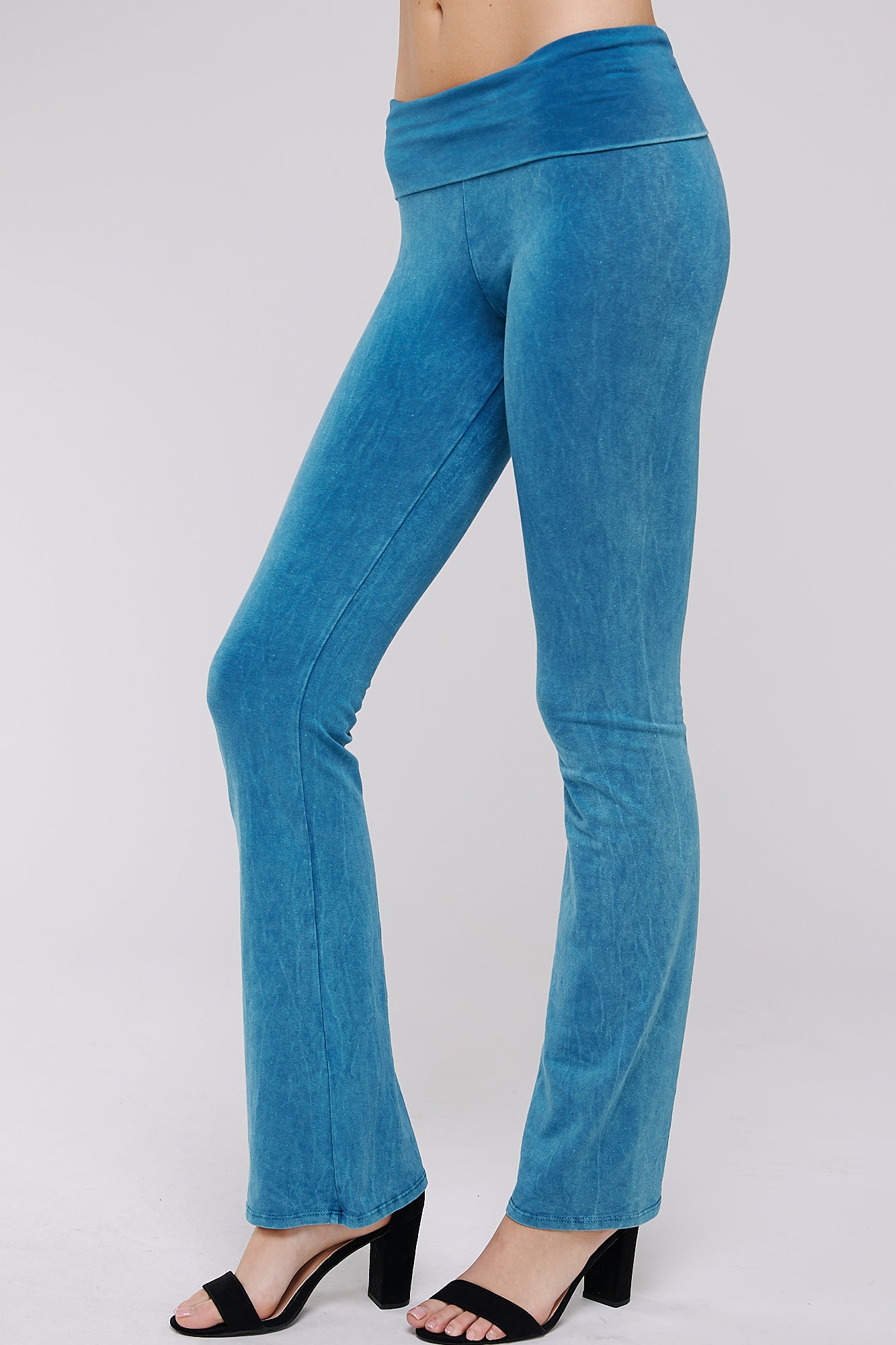 Mineral Wash Yoga Pants - Women's Casual Fold Over Waistband Flared Leg