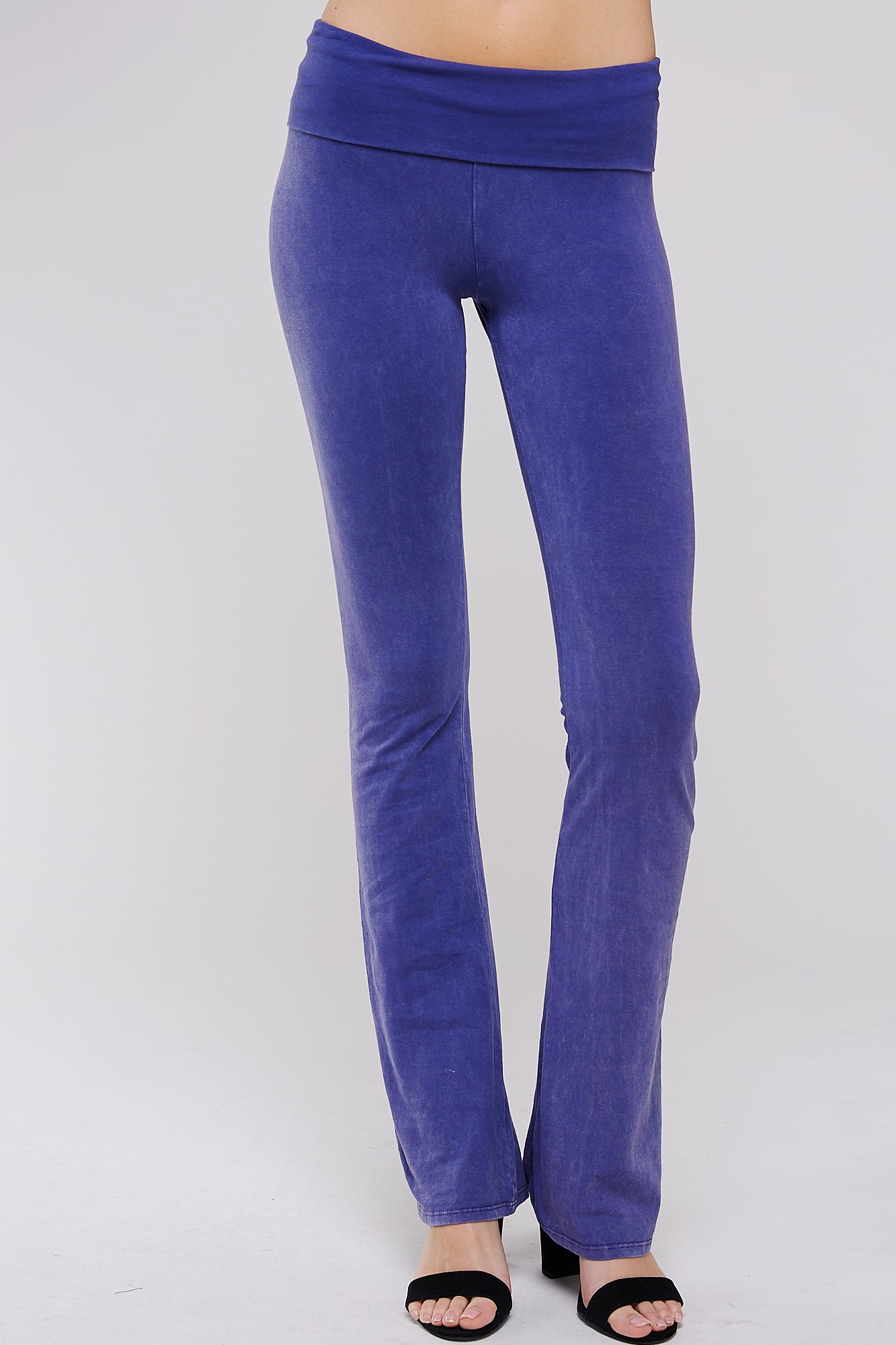 Mineral Wash Yoga Pants - Women's Casual Fold Over Waistband Flared Leg