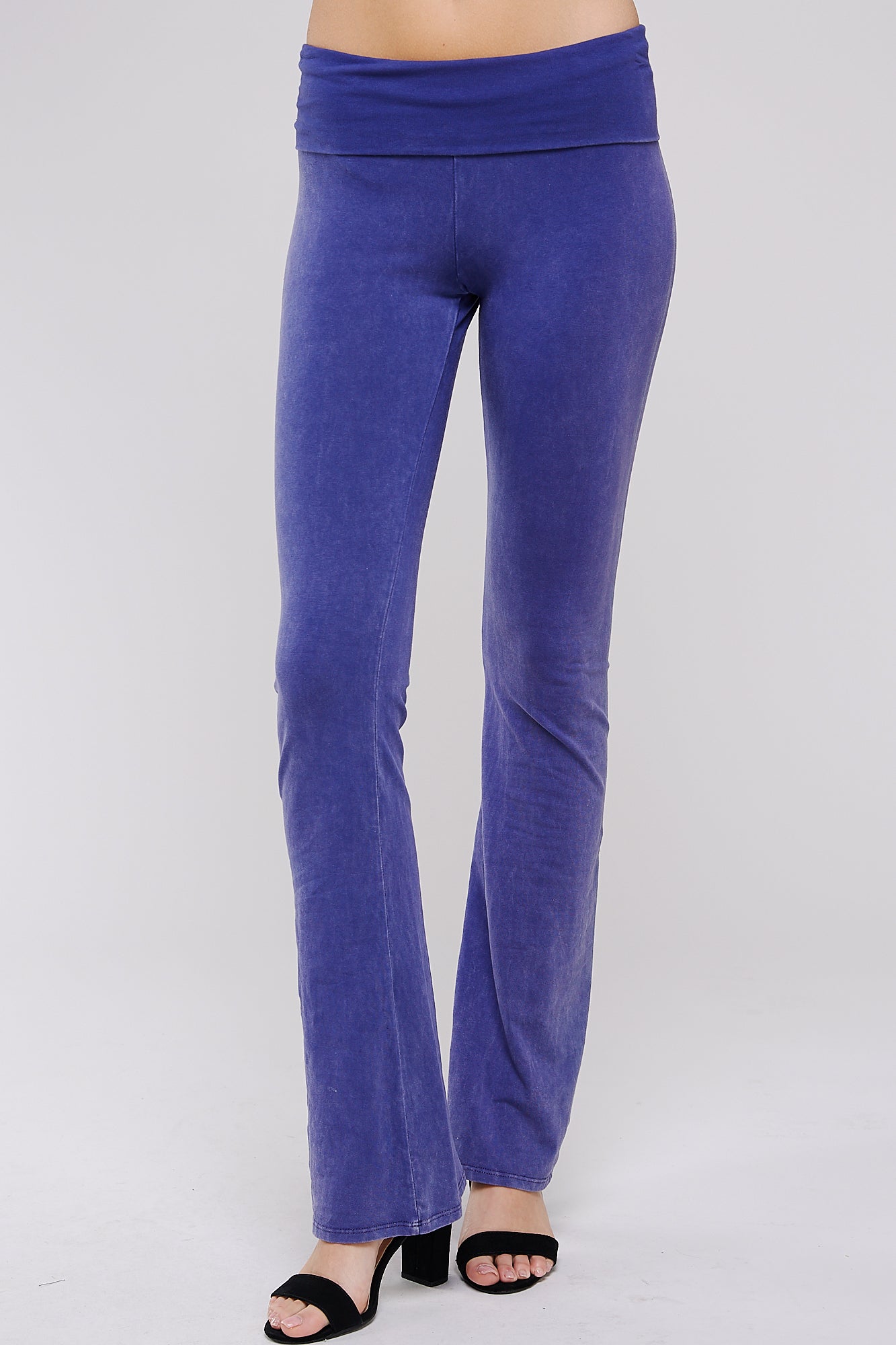 Mineral Wash Yoga Pants - Women's Casual Fold Over Waistband Flared Leg