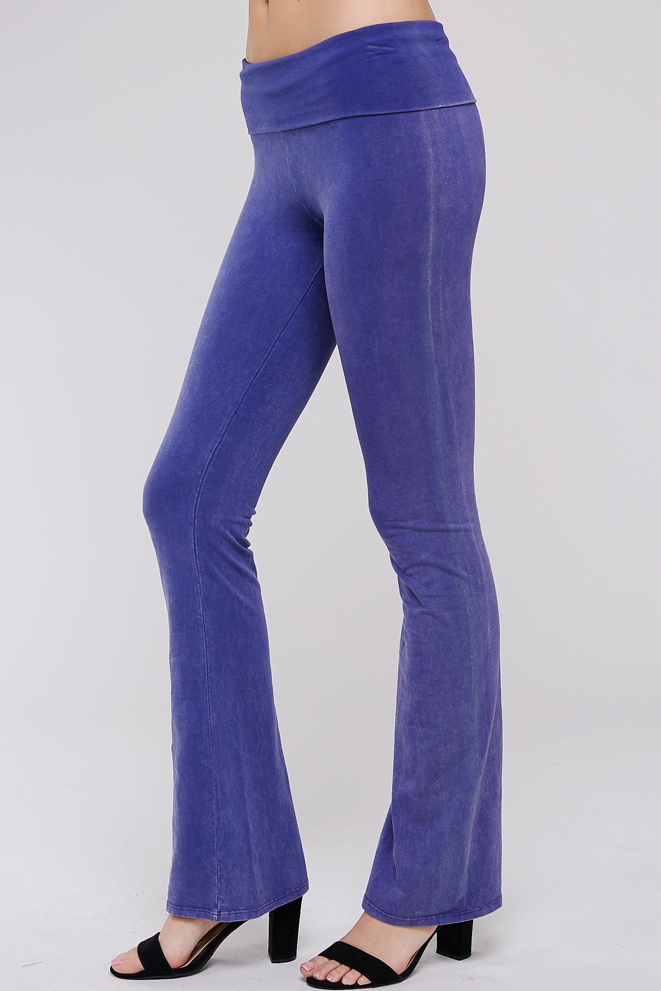 Mineral Wash Yoga Pants - Women's Casual Fold Over Waistband Flared Leg