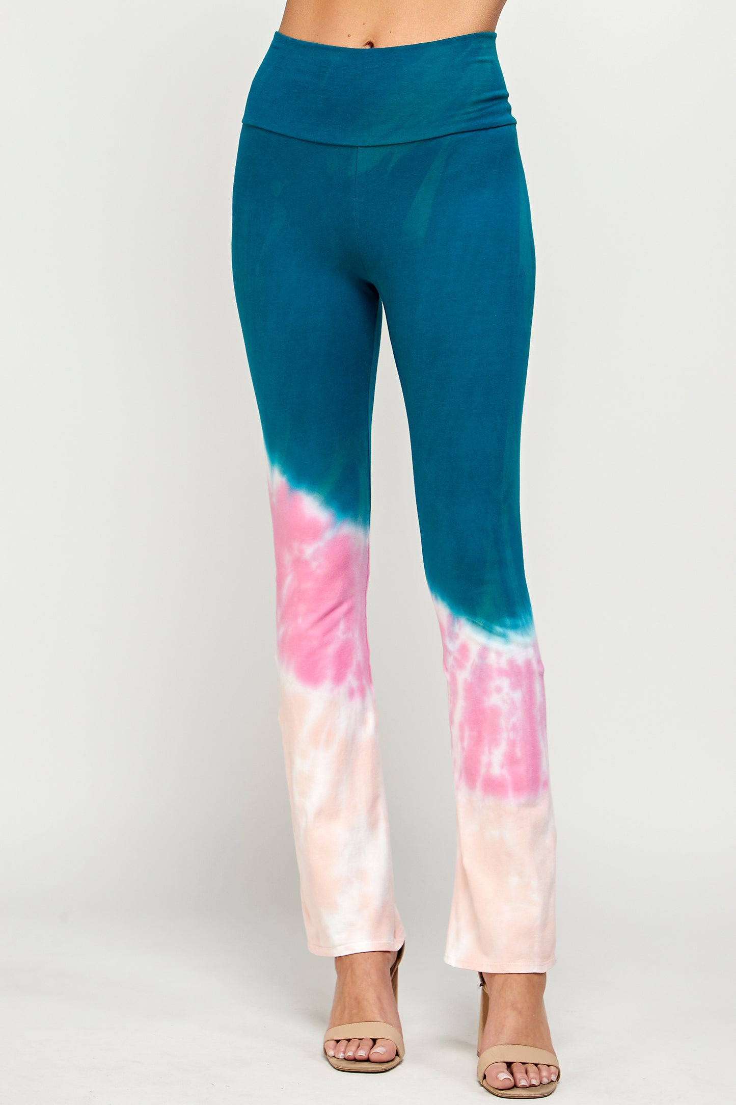 High Waisted Leggings for Women, Teal, Pink & Peach Dip Cloud Tie Dye