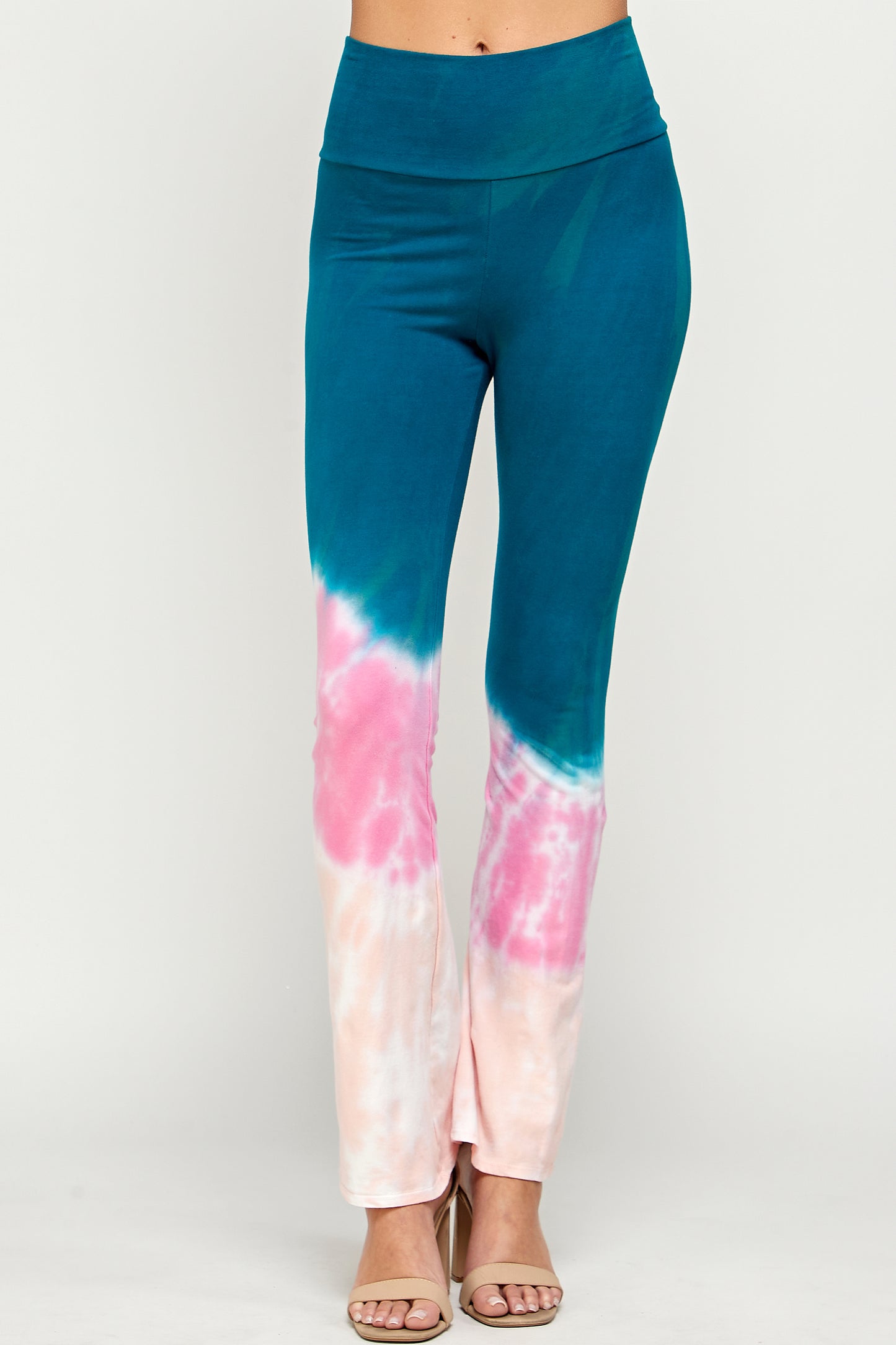 High Waisted Leggings for Women, Teal, Pink & Peach Dip Cloud Tie Dye