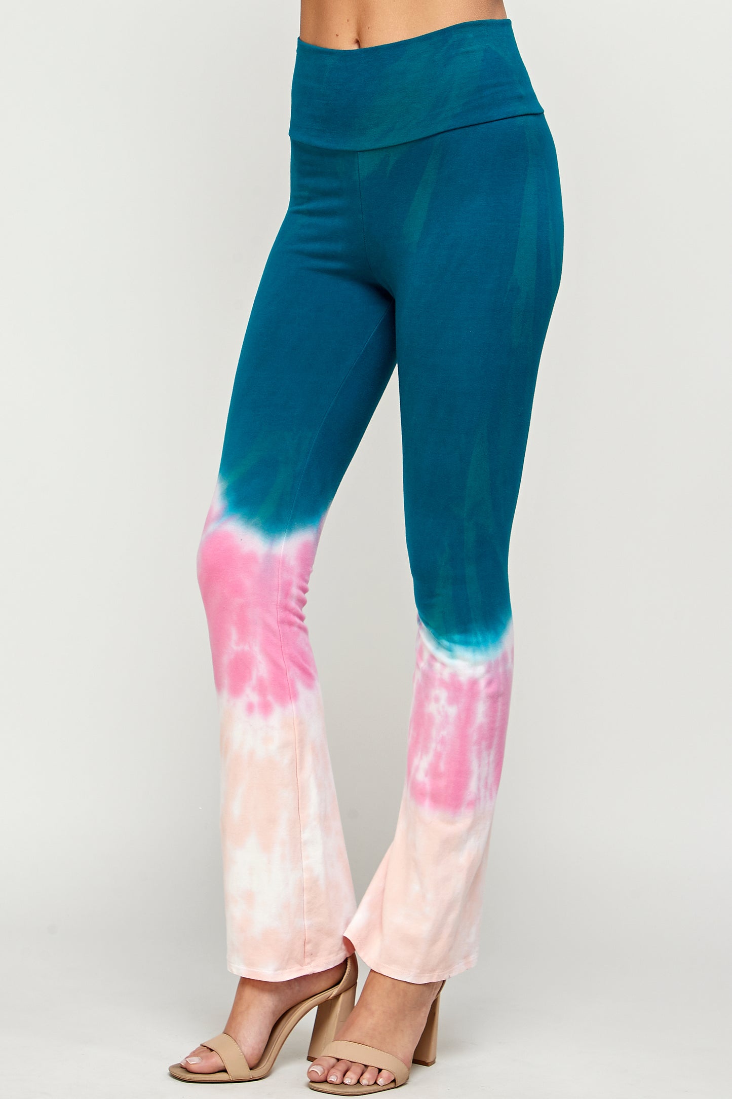 High Waisted Leggings for Women, Teal, Pink & Peach Dip Cloud Tie Dye