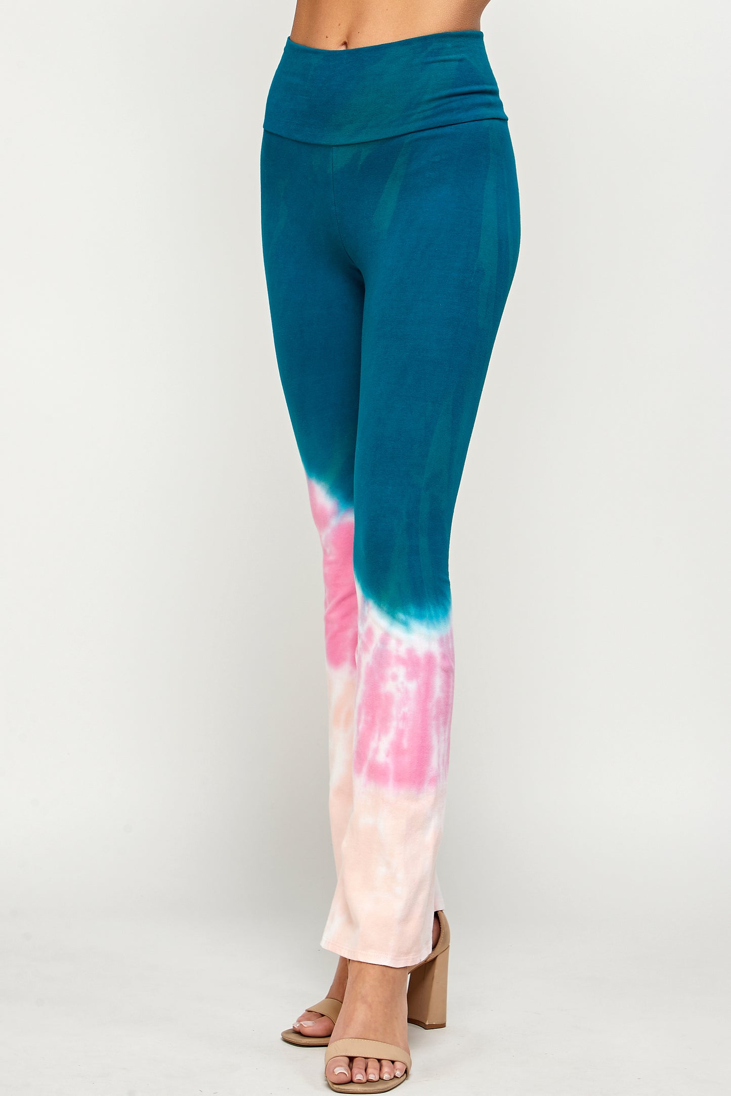 High Waisted Leggings for Women, Teal, Pink & Peach Dip Cloud Tie Dye