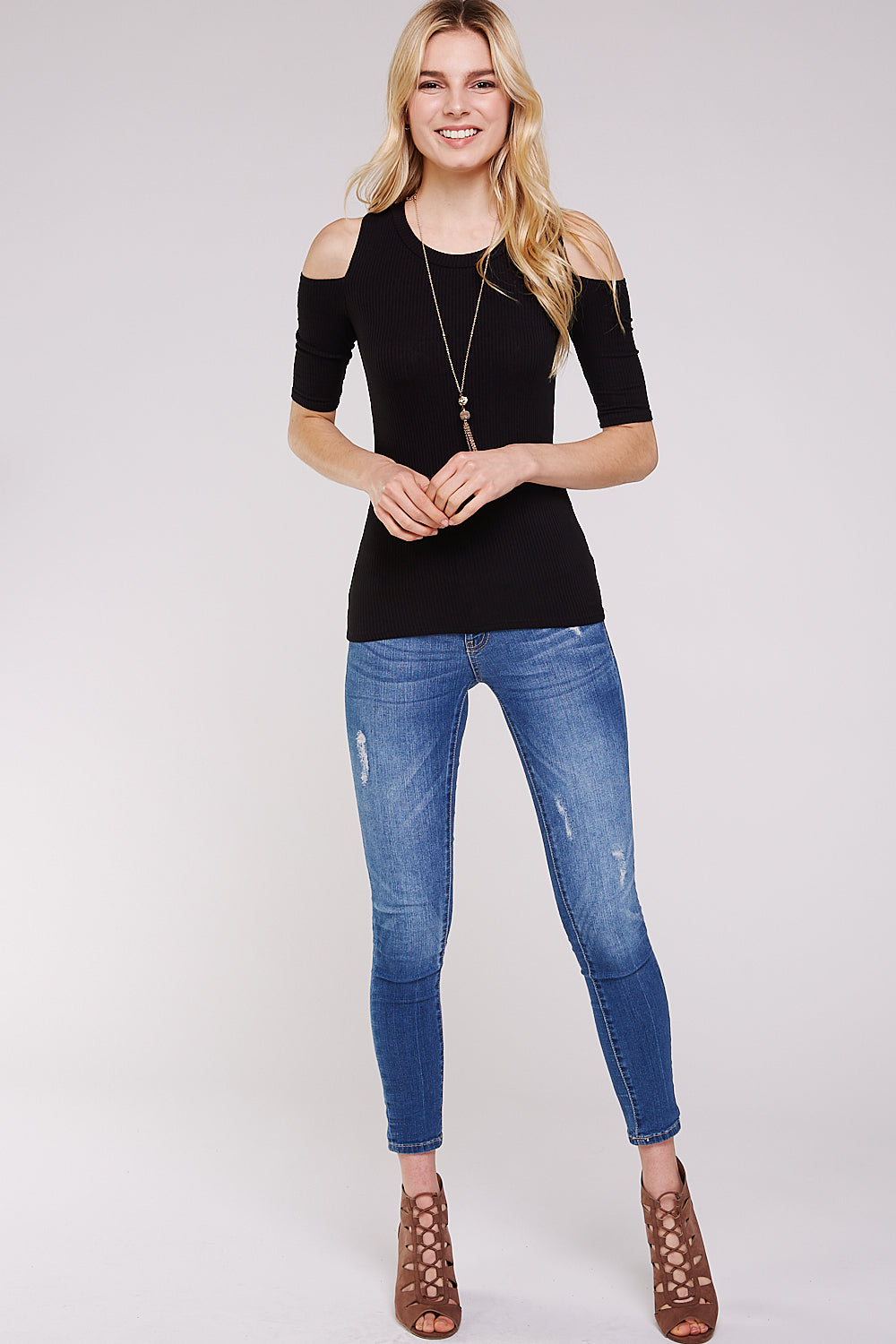 Women's Top - Soft Ribbed Half Sleeve Cold Shoulder Fitted Knit top