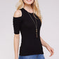 Women's Top - Soft Ribbed Half Sleeve Cold Shoulder Fitted Knit top