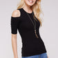 Women's Top - Soft Ribbed Half Sleeve Cold Shoulder Fitted Knit top