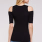 Women's Top - Soft Ribbed Half Sleeve Cold Shoulder Fitted Knit top
