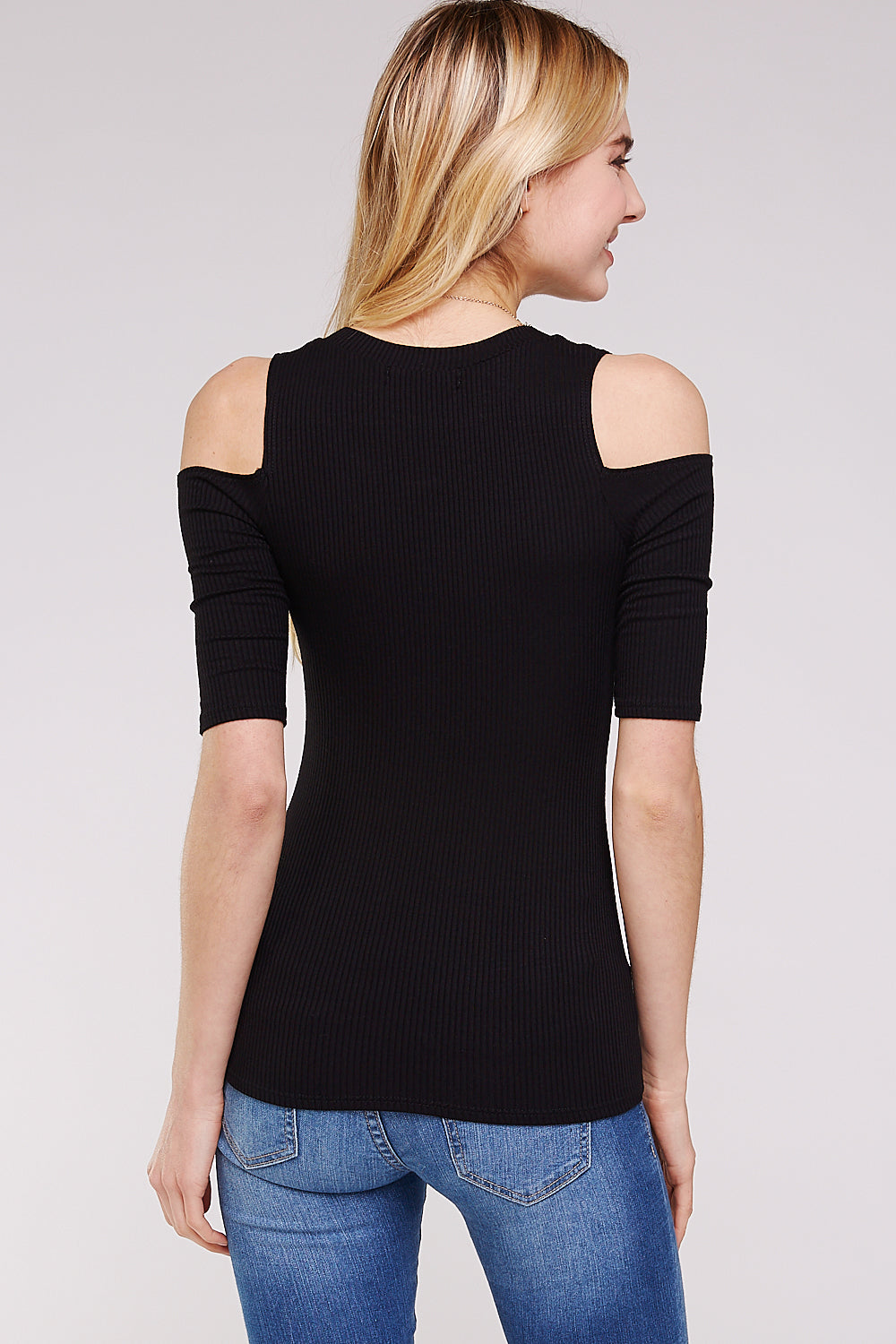 Women's Top - Soft Ribbed Half Sleeve Cold Shoulder Fitted Knit top