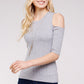 Women's Top - Soft Ribbed Half Sleeve Cold Shoulder Fitted Knit top