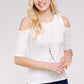 Women's Top - Soft Ribbed Half Sleeve Cold Shoulder Fitted Knit top