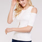 Women's Top - Soft Ribbed Half Sleeve Cold Shoulder Fitted Knit top