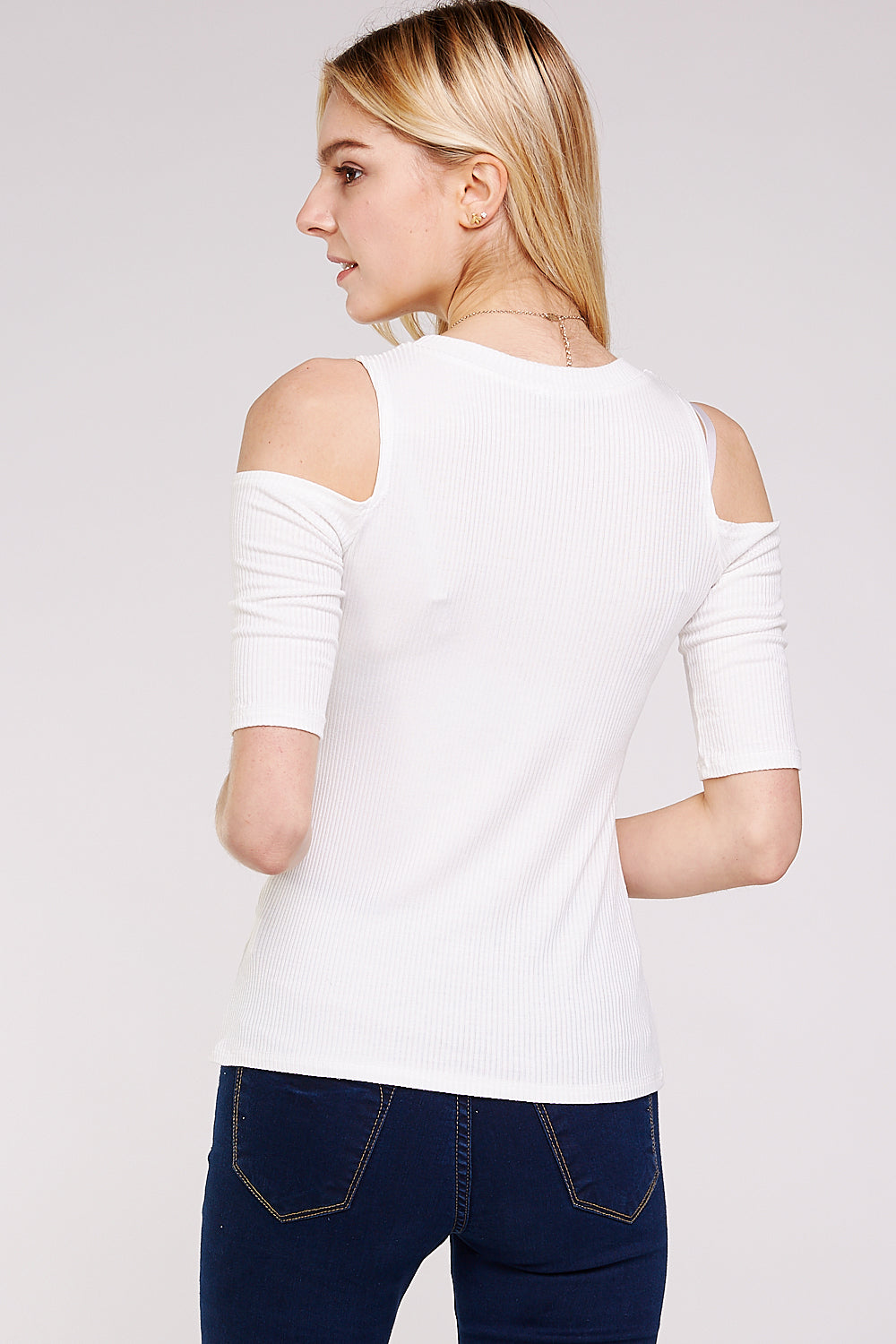 Women's Top - Soft Ribbed Half Sleeve Cold Shoulder Fitted Knit top