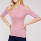 Women's Top - Soft Ribbed Half Sleeve Cold Shoulder Fitted Knit top