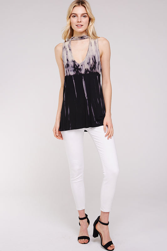 Black and Beige Distressed Mineral Washed Mock Neck Women's Top