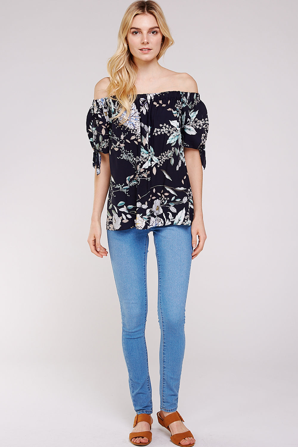 Floral Off the Shoulder Flowy Blouse with Keyhole Ribbon Knot Sleeves