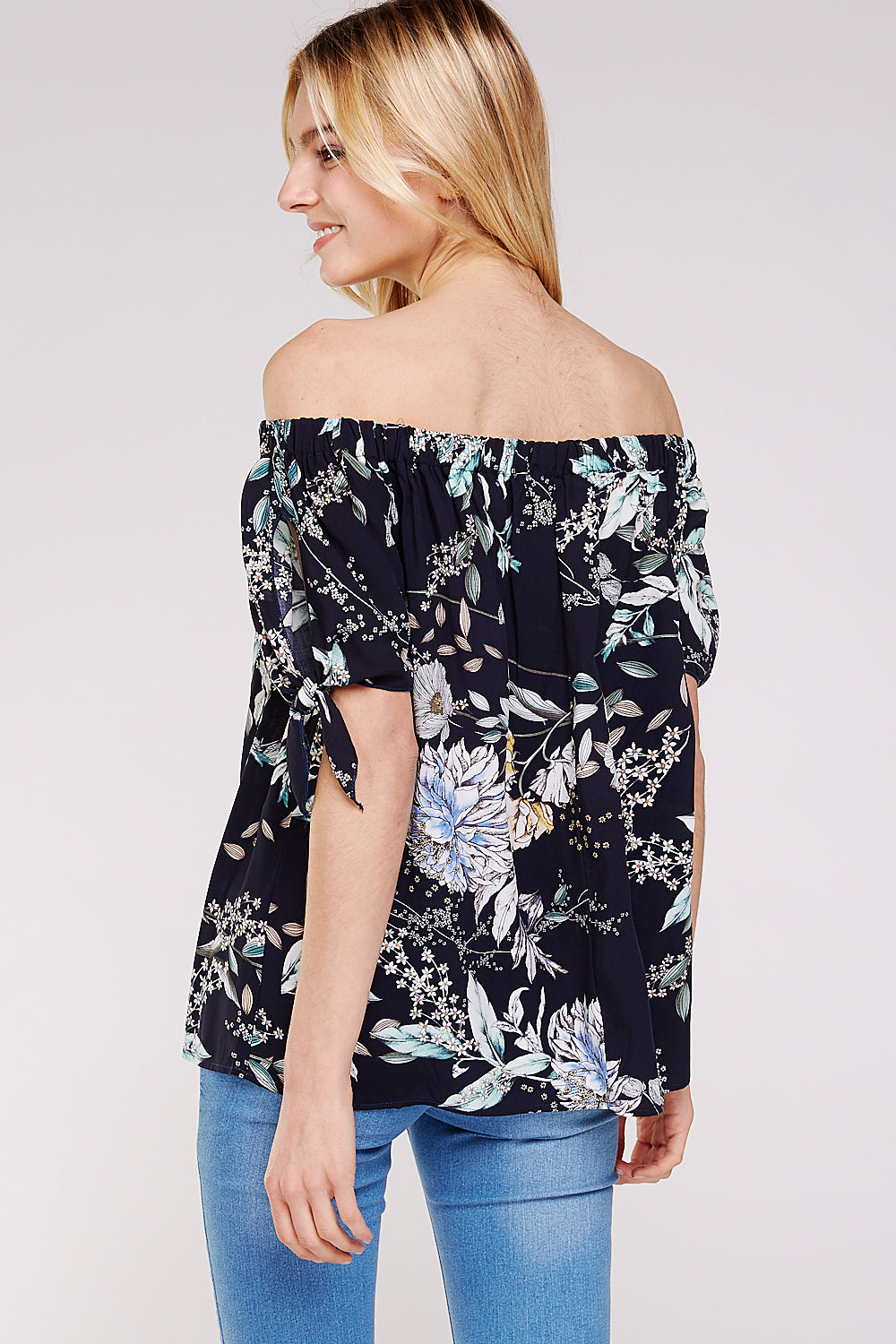 Floral Off the Shoulder Flowy Blouse with Keyhole Ribbon Knot Sleeves