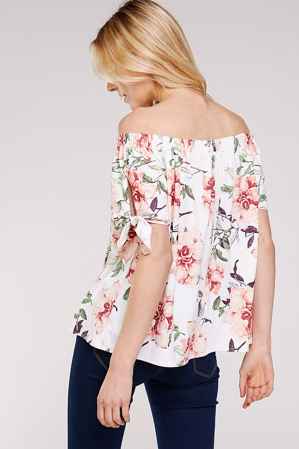 Floral Off the Shoulder Flowy Blouse with Keyhole Ribbon Knot Sleeves