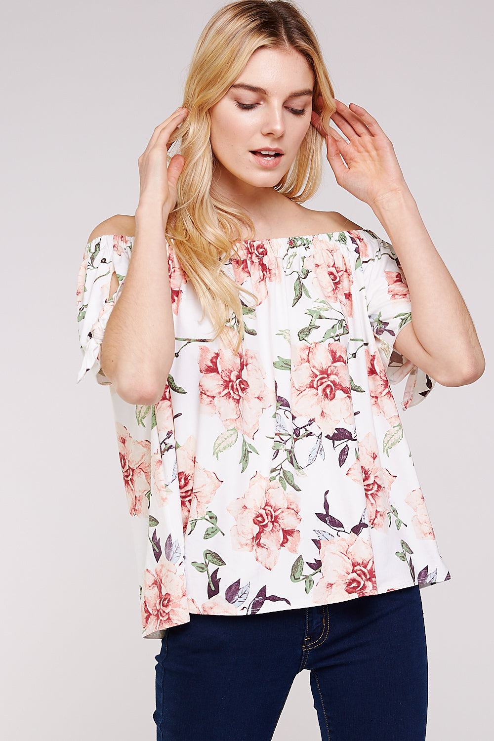 Floral Off the Shoulder Flowy Blouse with Keyhole Ribbon Knot Sleeves