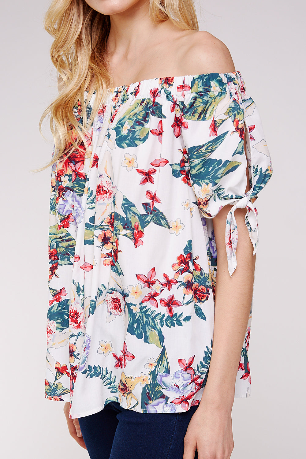 Floral Off the Shoulder Flowy Blouse with Keyhole Ribbon Knot Sleeves
