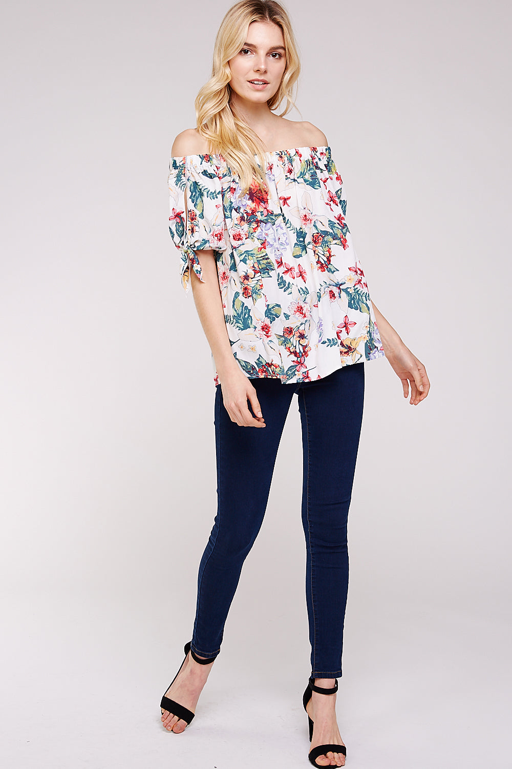 Floral Off the Shoulder Flowy Blouse with Keyhole Ribbon Knot Sleeves