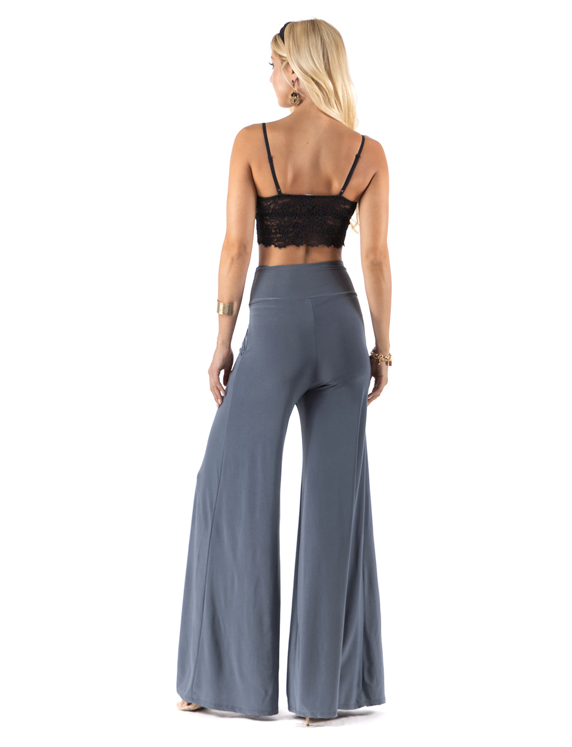 Slate Grey - High Waist Solid Palazzo Pants