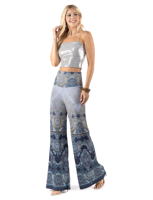 High Waist Palazzo Pants with Blue Ornament Tribal Print