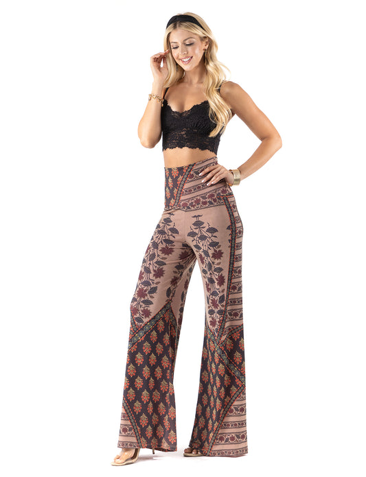 Brown Multi Floral High Waist Palazzo Pants with Wide Legs