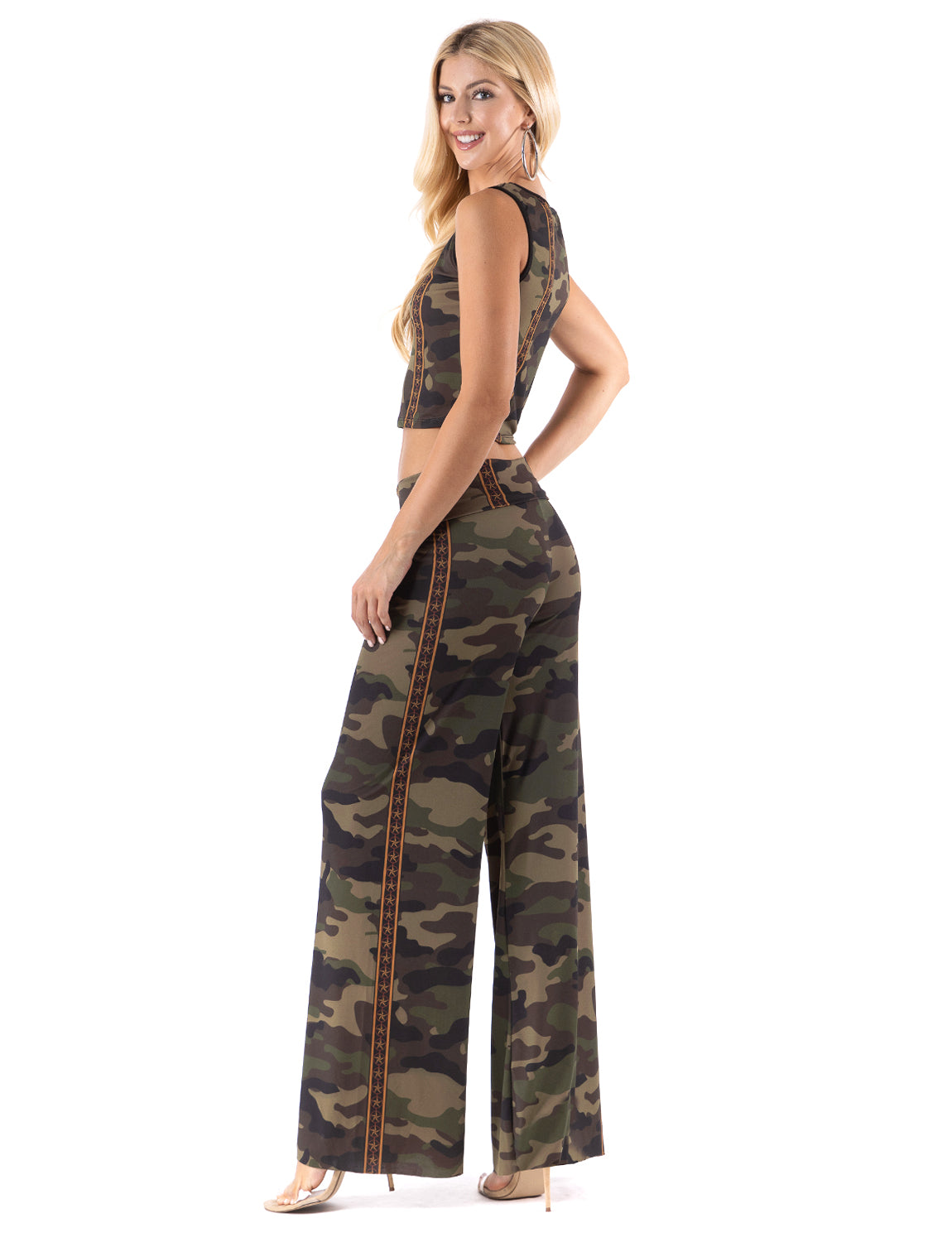 Army Green  Camo Print Wide Legs Palazzo Pants