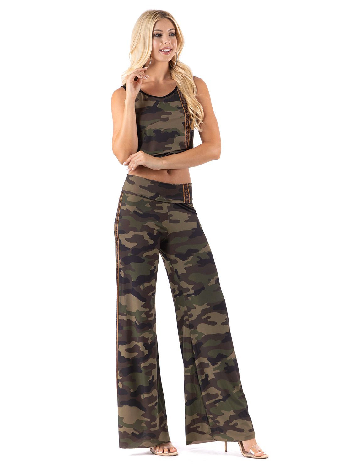 Army Green  Camo Print Wide Legs Palazzo Pants