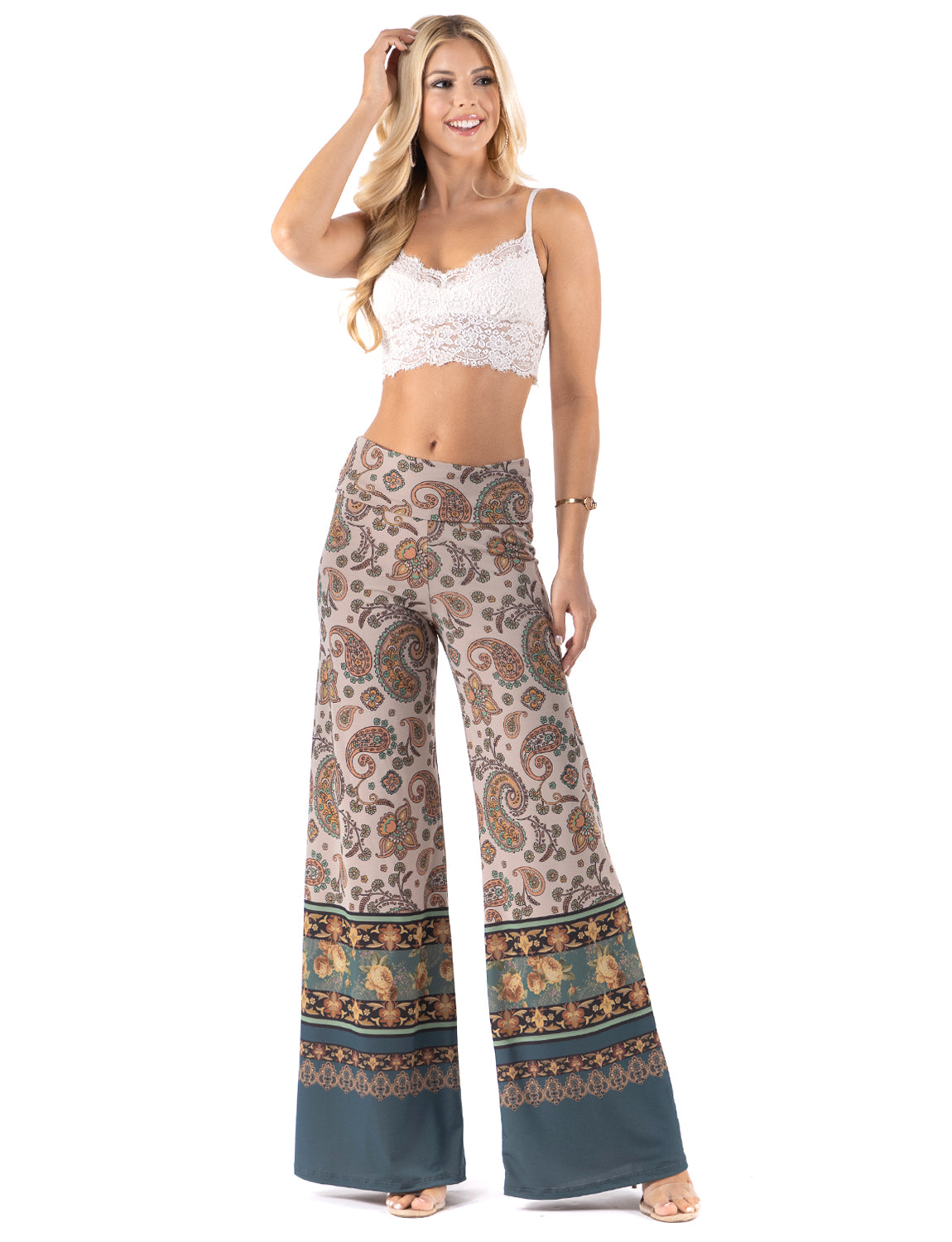 Tan & Floral Paisley High Waist Palazzo Pants