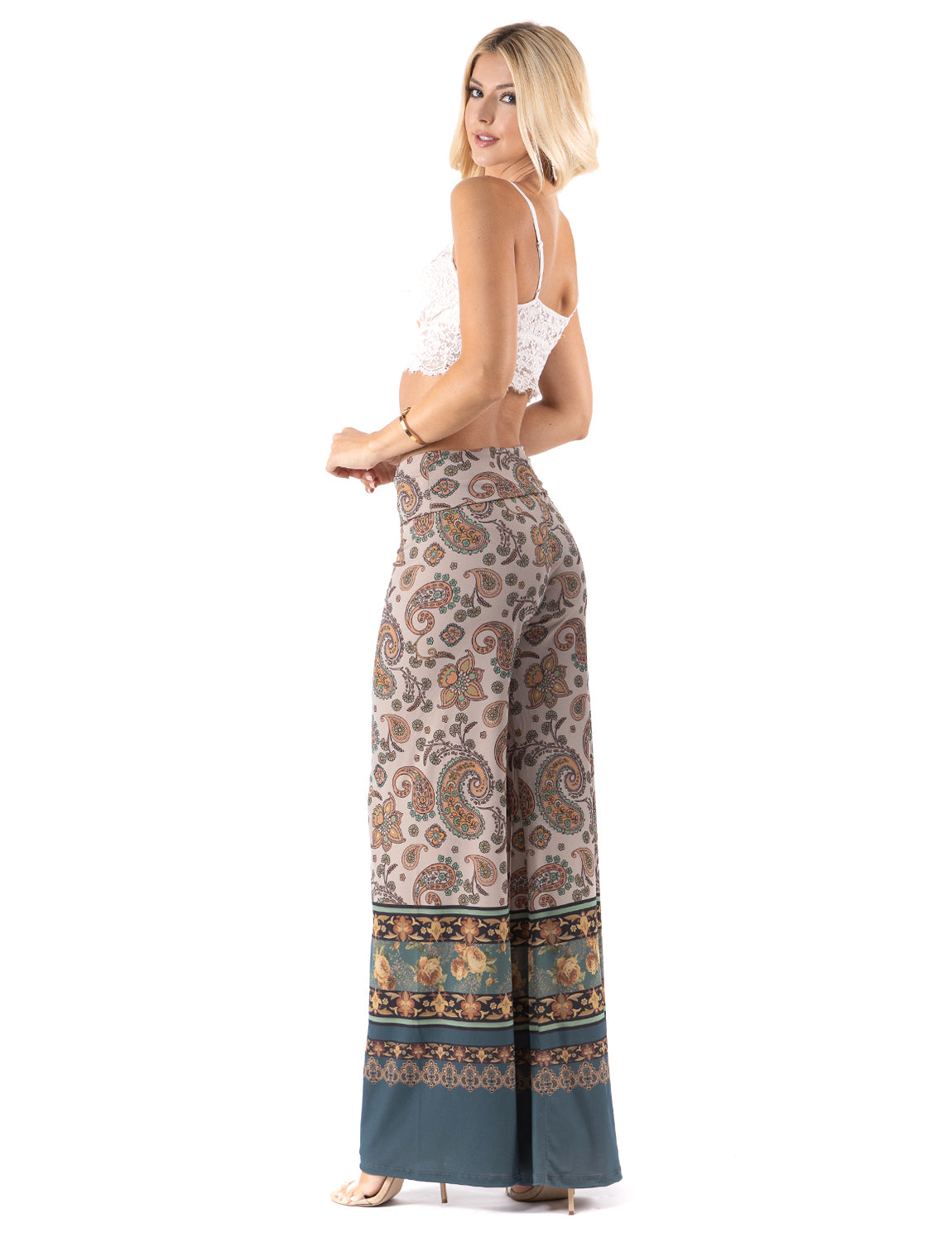 Tan & Floral Paisley High Waist Palazzo Pants
