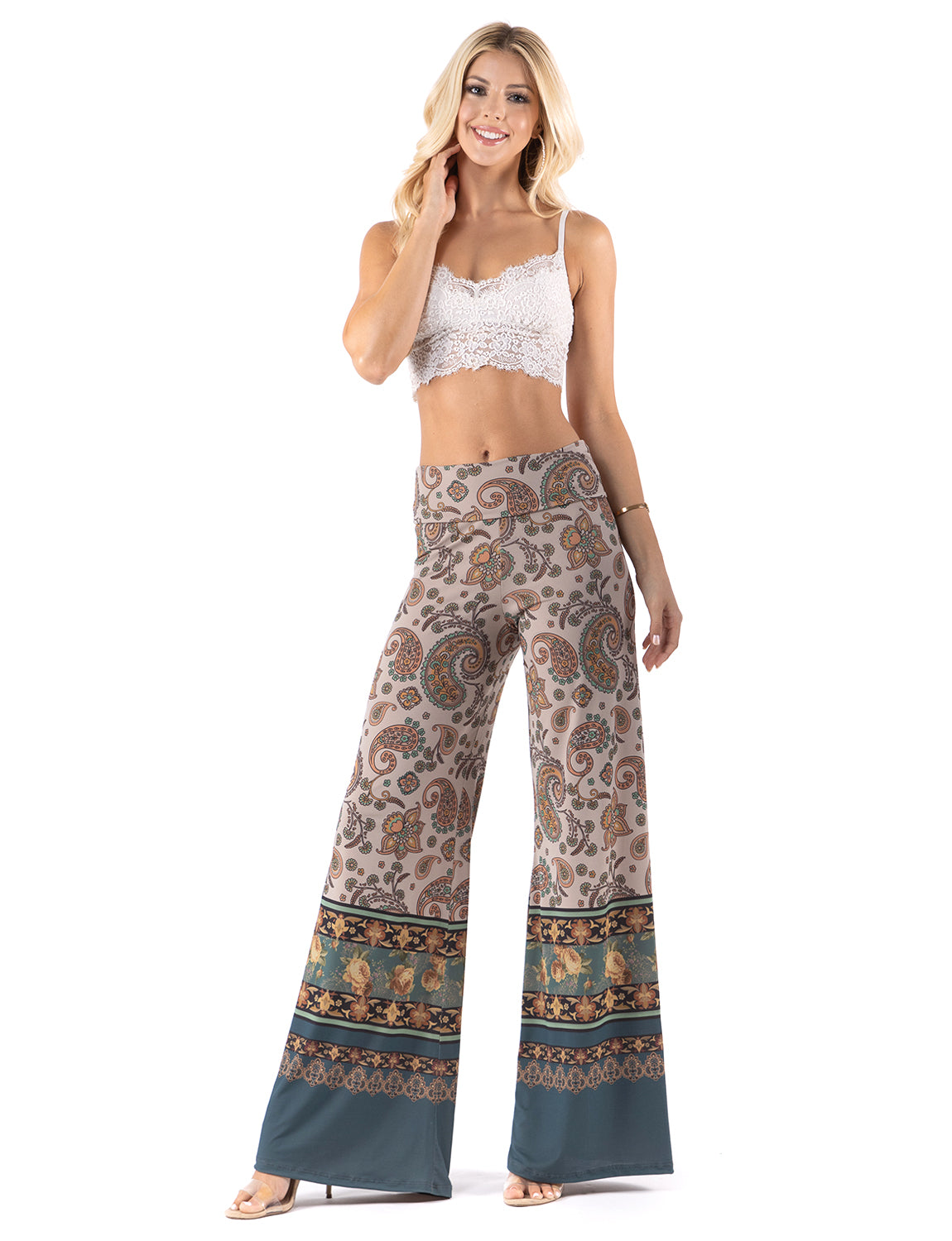 Tan & Floral Paisley High Waist Palazzo Pants