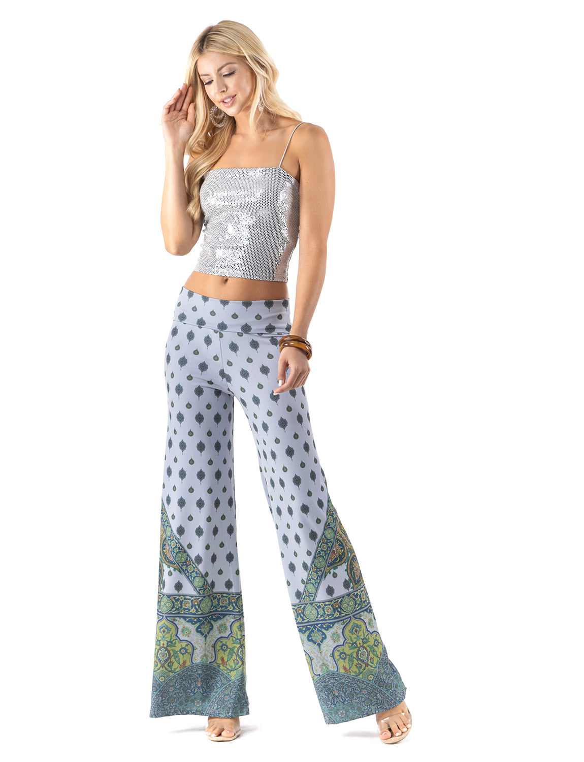 Blue & Green Scroll Print High Waist Palazzo Pants