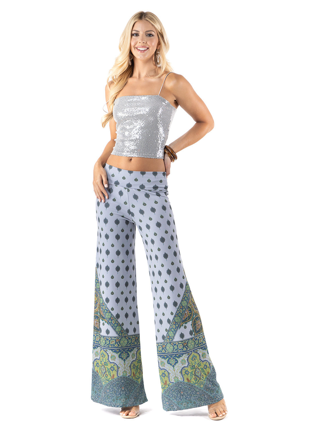 Blue & Green Scroll Print High Waist Palazzo Pants