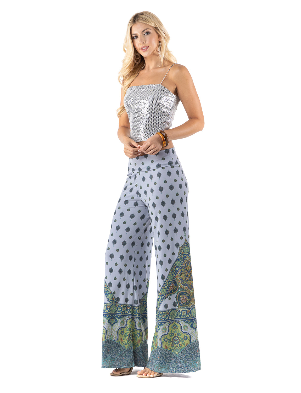 Blue & Green Scroll Print High Waist Palazzo Pants