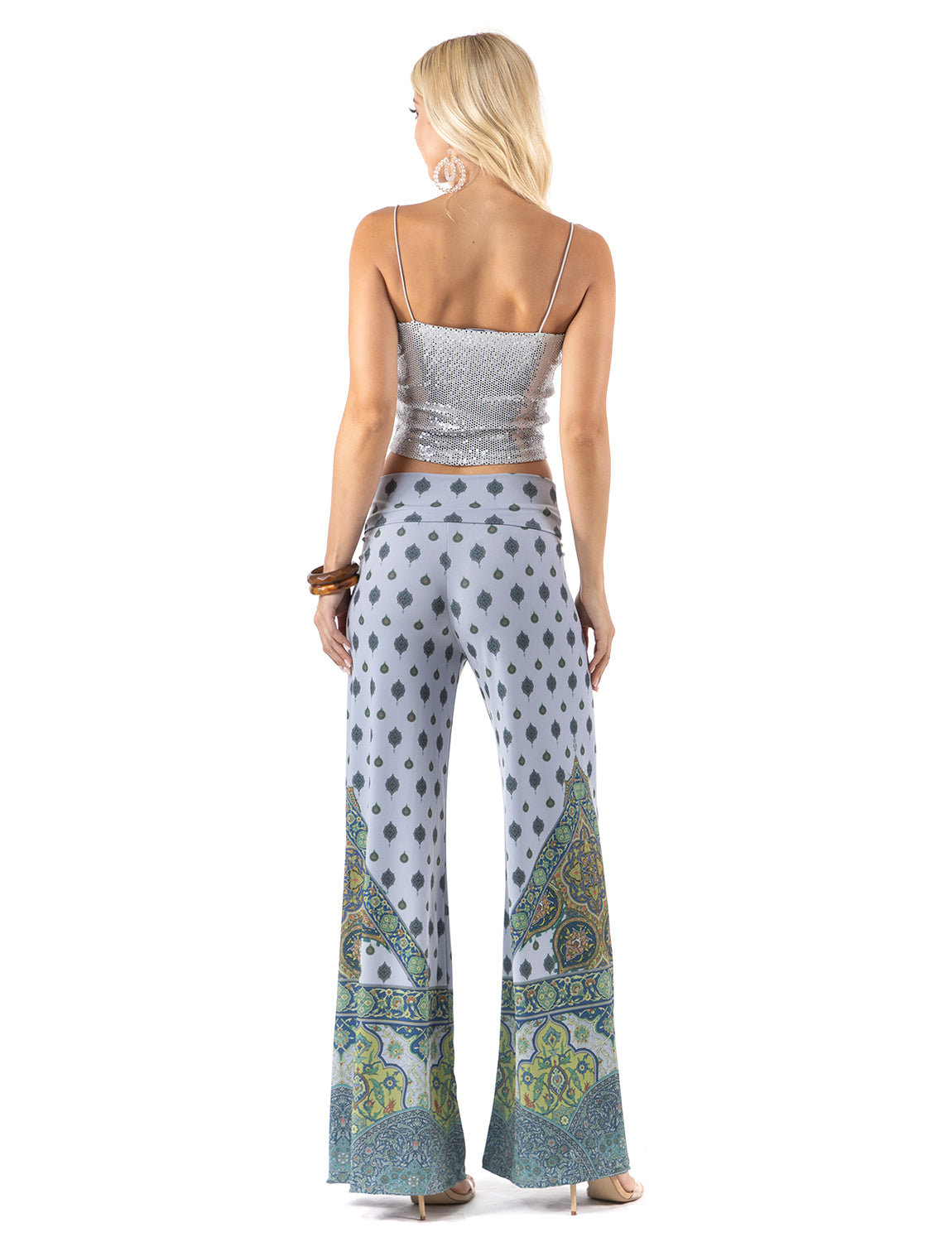 Blue & Green Scroll Print High Waist Palazzo Pants