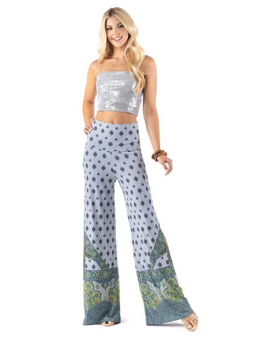 Blue & Green Scroll Print High Waist Palazzo Pants