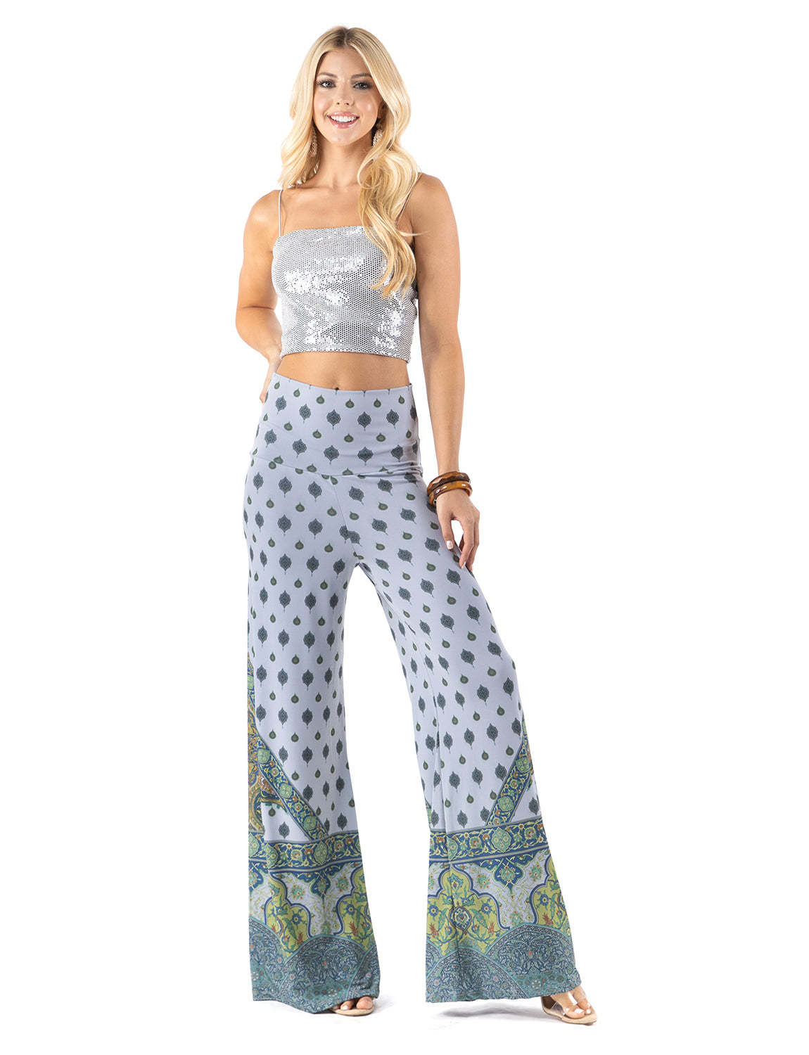 Blue & Green Scroll Print High Waist Palazzo Pants